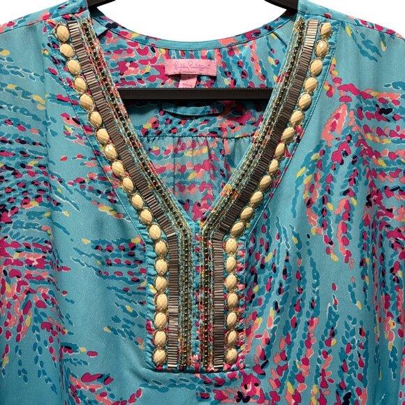 Lilly Pulitzer Womens Wilda Bright Blue Beaded Neck Caftan Dress S - Picture 4 of 7